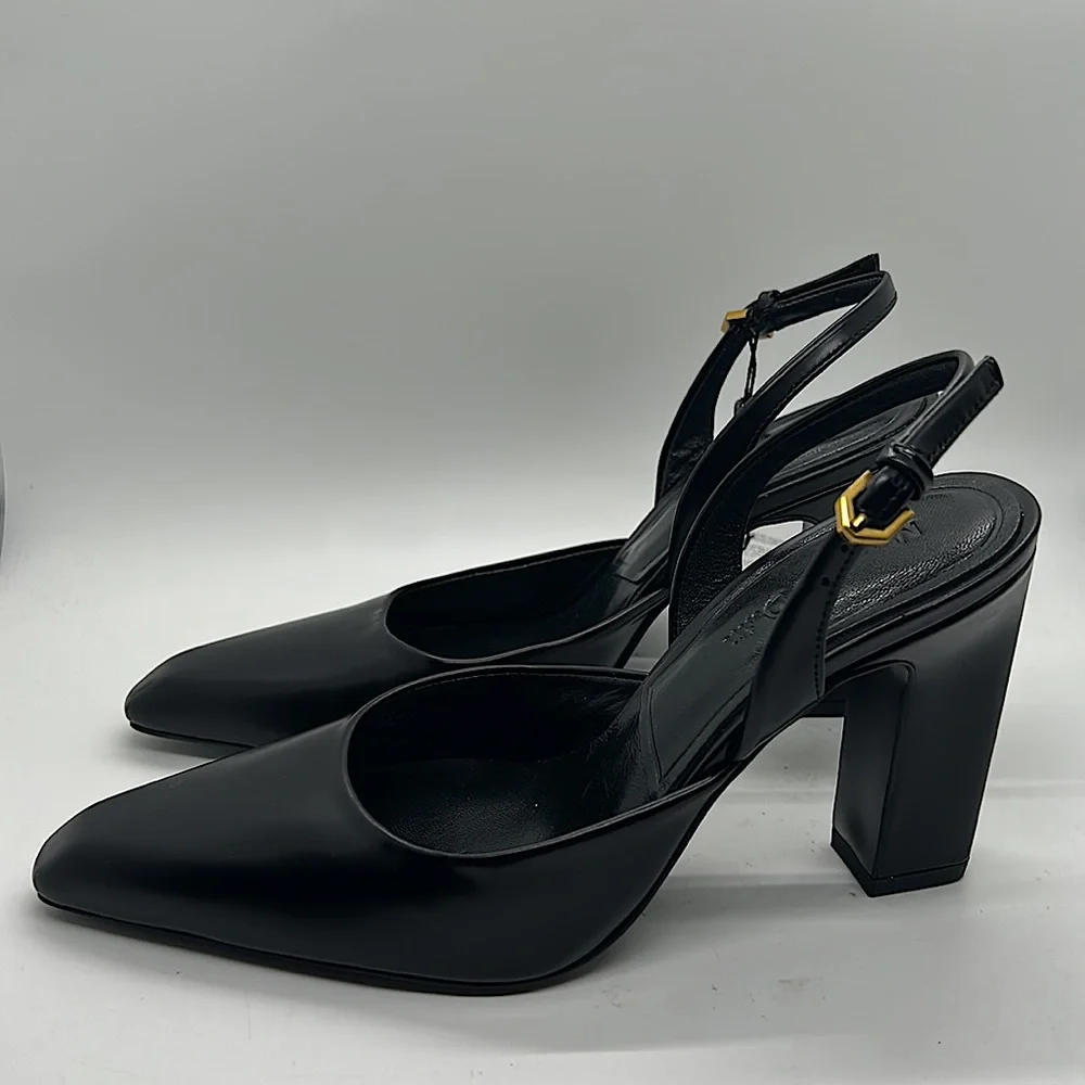 Massimo Dutti NWT Black Leather Pointed Toe Block Heels Sandals Shoes *Sz 5*🔥🔥 - Picture 4 of 7